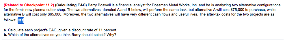 (Related to Checkpoint 11.2) (Calculating EAC) Barry Boswell is a financial analyst for Dossman Metal Works, Inc. and he is analyzing two alternative configurations
for the firm's new plasma cutter shop. The two alternatives, denoted A andB below, will perform the same task, but alternative A will cost $75,000 to purchase, while
alternative B will cost only $65,000. Moreover, the two alternatives will have very different cash flows and useful lives. The after-tax costs for the two projects are as
follows:
a. Calculate each project's EAC, given a discount rate of 11 percent.
b. Which of the alternatives do you think Barry should select? Why?
