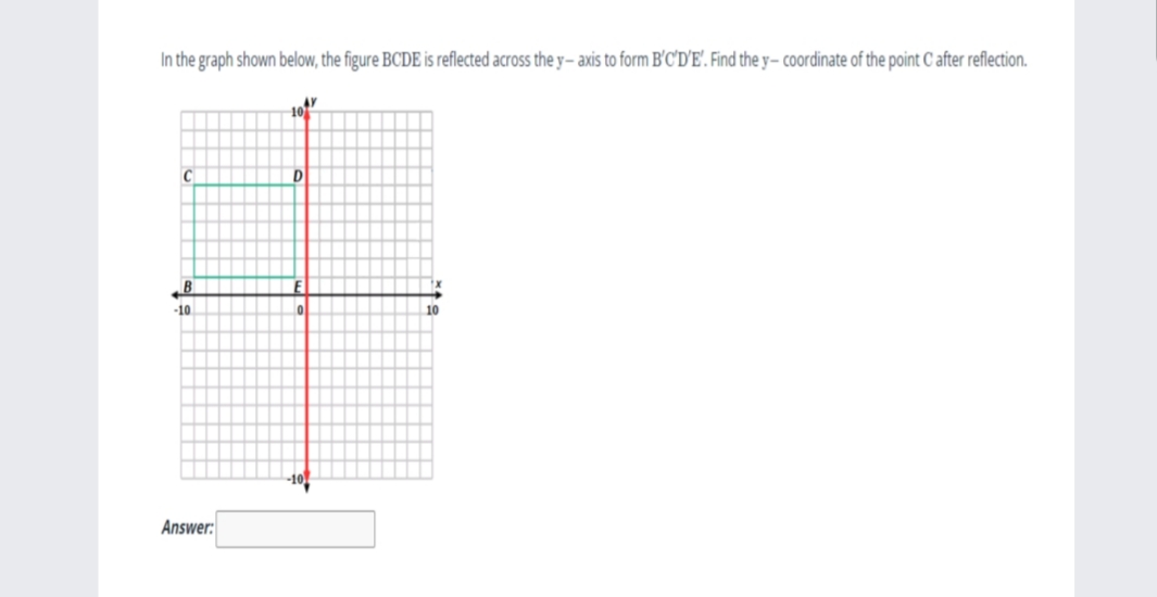 In the graph shown below, the figure BCDE is reflected across the y– axis to form B'C'D'E'. Find the y– coordinate of the point C after reflection.
101
AY
C
D
-10
10
10
Answer:
