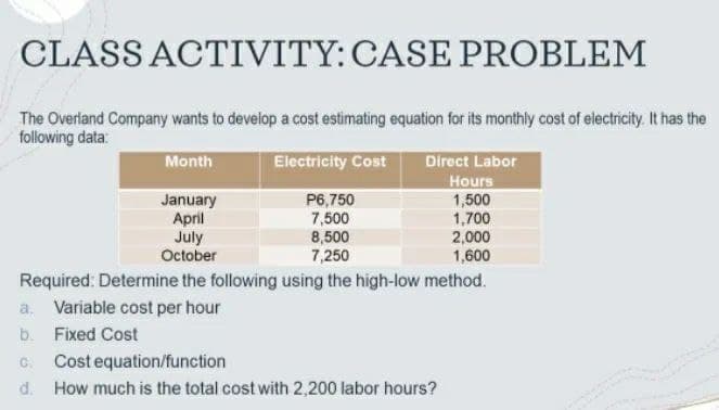 CLASS ACTIVITY:CASE PROBLEM
The Overland Company wants to develop a cost estimating equation for its monthly cost of electricity. It has the
following data:
Month
Electricity Cost
Direct Labor
January
April
July
October
P6,750
7,500
8,500
7,250
Hours
1,500
1,700
2,000
1,600
Required: Determine the following using the high-low method.
a. Variable cost per hour
b. Fixed Cost
Cost equation/function
d. How much is the total cost with 2,200 labor hours?
C.

