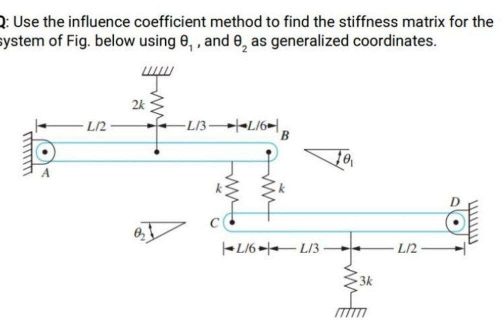 2: Use the influence coefficient method to find the stiffness matrix for the
system of Fig. below using 0, , and 0, as generalized coordinates.
2k
L/2
-L13 LI61,
-L16 - L/3 -
L/2
3k
