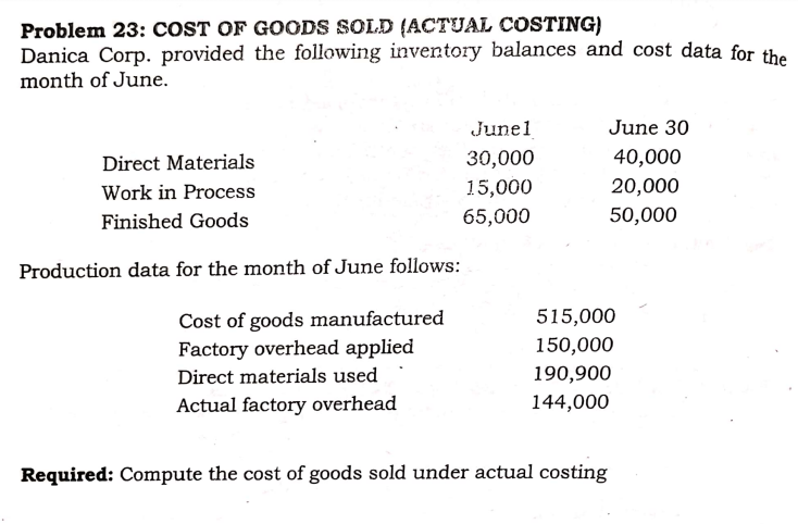 Problem 23: COST OF GOODS SOLD (ACTUAL COSTING)
Danica Corp. provided the following inventory balances and cost data for the
month of June.
Junel
June 30
Direct Materials
30,000
40,000
Work in Process
15,000
20,000
Finished Goods
65,000
50,000
Production data for the month of June follows:
Cost of goods manufactured
Factory overhead applied
Direct materials used
515,000
150,000
190,900
Actual factory overhead
144,000
Required: Compute the cost of goods sold under actual costing
