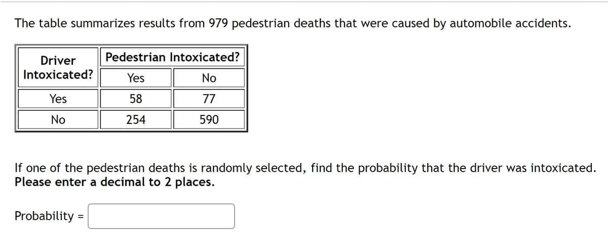 The table summarizes results from 979 pedestrian deaths that were caused by automobile accidents.
Pedestrian Intoxicated?
Driver
Intoxicated?
Yes
No
Yes
58
77
No
254
590
If one of the pedestrian deaths is randomly selected, find the probability that the driver was intoxicated.
Please enter a decimal to 2 places.
Probability
