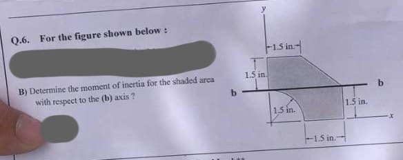 Q.6. For the figure shown below :
B) Determine the moment of inertia for the shaded area
with respect to the (b) axis?
-1.5 in.
1.5 in.
1.5 in.
-1.5 in.-
1.5 in.