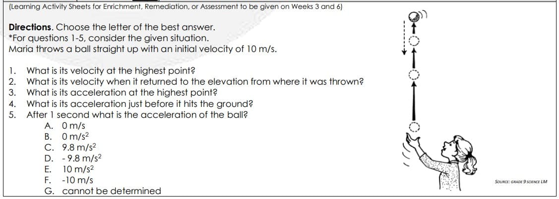 (Learning Activity Sheets for Enrichment, Remediation, or Assessment to be given on Weeks 3 and 6)
Directions. Choose the letter of the best answer.
*For questions 1-5, consider the given situation.
Maria throws a ball straight up with an initial velocity of 10 m/s.
What is its velocity at the highest point?
What is its velocity when it returned to the elevation from where it was thrown?
3. What is its acceleration at the highest point?
What is its acceleration just before it hits the ground?
5. After 1 second what is the acceleration of the ball?
1.
2.
4.
A. Om/s
B. 0m/s?
C. 9.8 m/s?
D. - 9.8 m/s2
10 m/s2
F. -10 m/s
G. cannot be determined
E.
SOURCE: GRADE 9 SCIENCE LM
