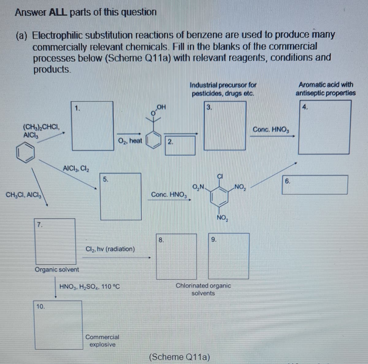 Answer ALL parts of this question
(a) Electrophilic substitution reactions of benzene are used to produce many
commercially relevant chemicals. Fill in the blanks of the commercial
processes below (Scherme Q11a) with relevant reagents, conditions and
products.
Industrial precursor for
pesticides, drugs etc.
Aromatic acid with
antiseptic properties
1.
3.
4.
(CH),CHCI,
AICI3
Conc. HNO,
O, heat
2.
AICI,, Cl2
5.
6.
O,N.
Conc. HNO,
NO,
CH,CI, AICI,
NO,
7.
8.
9.
Cl, hv (radiation)
Organic solvent
HNO,, H, SO, 110 °C
Chlorinated organic
solvents
10.
Commercial
explosive
(Scheme Q11a)
