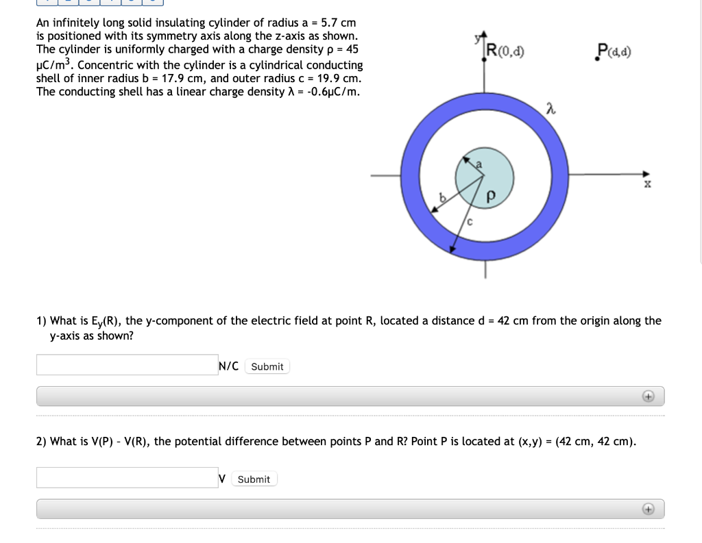 An infinitely long solid insulating cylinder of radius a = 5.7 cm
is positioned with its symmetry axis along the z-axis as shown.
The cylinder is uniformly charged with a charge density p = 45
µC/m3. Concentric with the cylinder is a cylindrical conducting
shell of inner radius b = 17.9 cm, and outer radius c = 19.9 cm.
The conducting shell has a linear charge density A = -0.6µC/m.
R(0,4)
1) What is Ey(R), the y-component of the electric field at point R, located a distance d = 42 cm from the origin along the
y-axis as shown?
N/C Submit
2) What is V(P) - V(R), the potential difference between points P and R? Point P is located at (x,y) = (42 cm, 42 cm).
V
Submit
+
