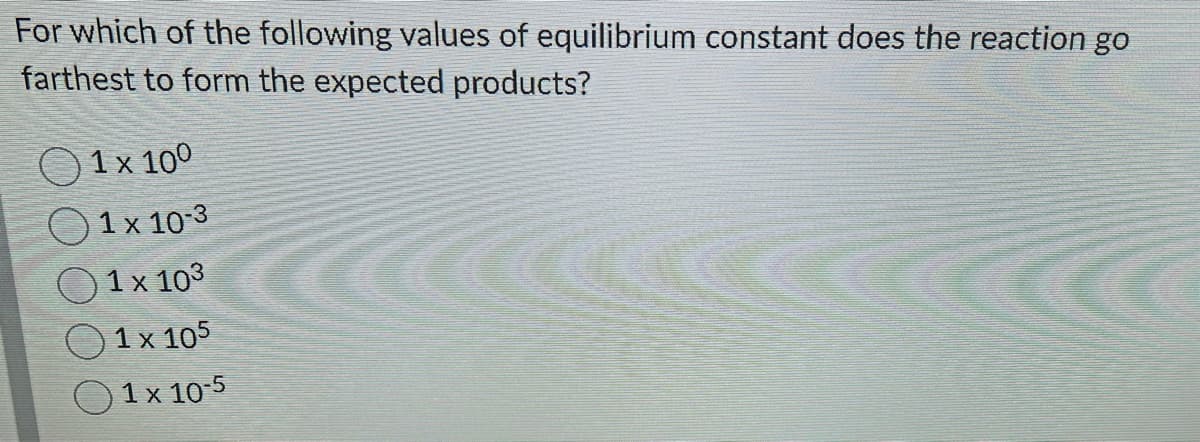 For which of the following values of equilibrium constant does the reaction go
farthest to form the expected products?
1 x 100
1 x 10-3
1 x 103
1 × 105
1 x 10-5