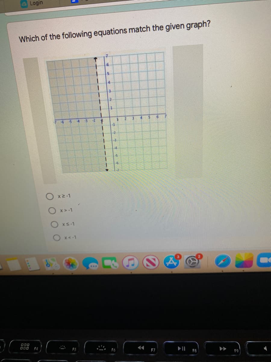 Login
Which of the following equations match the given graph?
-2
3.
9.
O x2-1
x >-1
XS-1
x<-1
F4
ES
F6
F7
F8
F9
