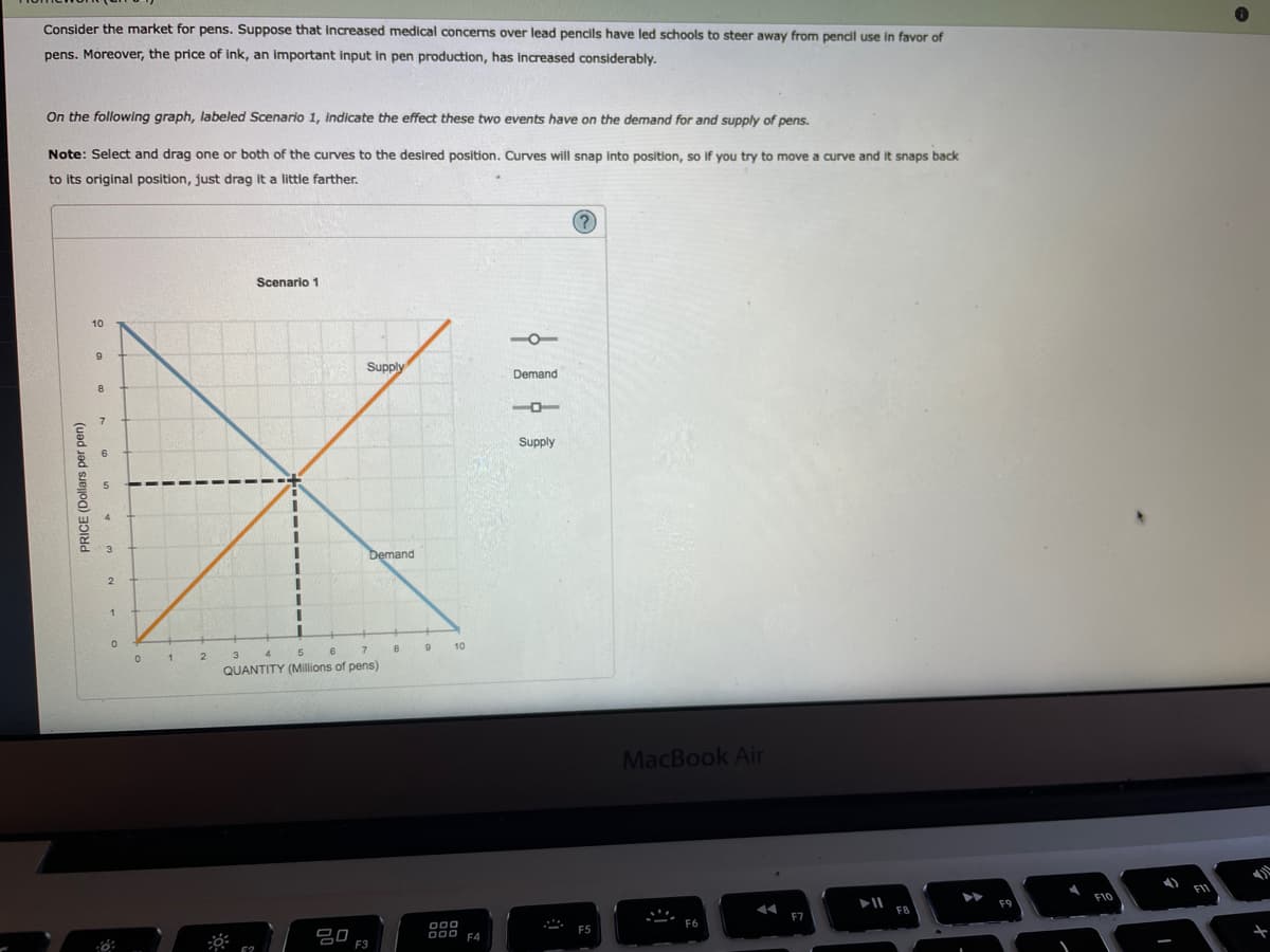 Consider the market for pens. Suppose that increased medical concems over lead pencils have led schools to steer away from pendl use In favor of
pens. Moreover, the price of ink, an important input in pen production, has increased considerably.
On the following graph, labeled Scenario 1, indicate the effect these two events have on the demand for and SUpply of pens.
Note: Select and drag one or both of the curves to the desired position. Curves will snap into position, so if you try to move a curve and it snaps back
to its original position, just drag it a little farther.
Scenario 1
10
-0-
9
Supply
Demand
8
Supply
Demand
10
7
3 4
QUANTITY (MIllions of pens)
5
6
MacBook Air
FIV
F10
F7
吕0
F3
DO0 F4
F5
PRICE (Dollars per pen)
