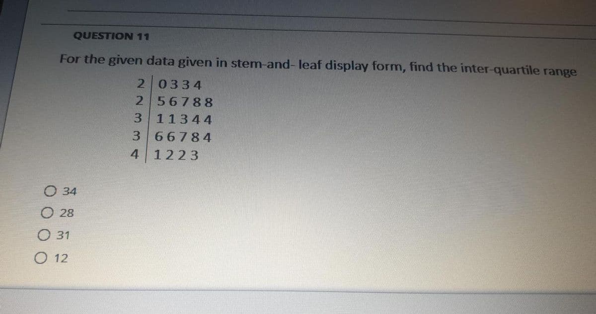 QUESTION 11
For the given data given in stem-and- leaf display form, find the inter-quartile range
2 0334
2 56788
3 11344
3 66784
4 1223
О 34
О 28
О 31
O 12
