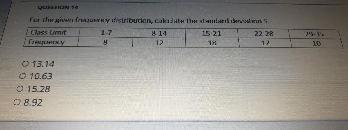 QUESTION 14
For the given frequency distribution, calculate the standard deviation S.
Class Limit
1-7
8-14
15-21
22-28
29-35
Frequency
8.
12
18
12
10
O 13.14
O 10.63
O 15.28
O 8.92
