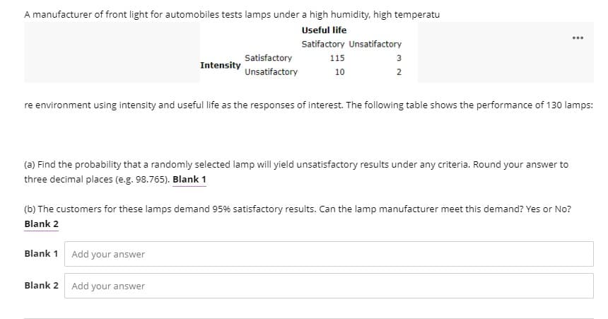 A manufacturer of front light for automobiles tests lamps under a high humidity, high temperatu
Useful life
...
Satifactory Unsatifactory
Satisfactory
115
3
Intensity
Unsatifactory
10
2
re environment using intensity and useful life as the responses of interest. The following table shows the performance of 130 lamps:
(a) Find the probability that a randomly selected lamp will yield unsatisfactory results under any criteria. Round your answer to
three decimal places (e.g. 98.765). Blank 1
(b) The customers for these lamps demand 95% satisfactory results. Can the lamp manufacturer meet this demand? Yes or No?
Blank 2
Blank 1 Add your answer
Blank 2
Add your answer
