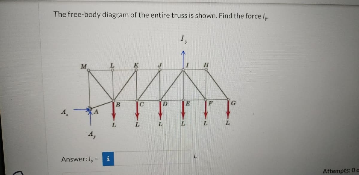 The free-body diagram of the entire truss is shown. Find the force ly.
M
A
Ay
Answer: ly=
L
B
L
K
C
L
D
L
I,
L
E
L
L
F
L
G
Attempts: 0 a