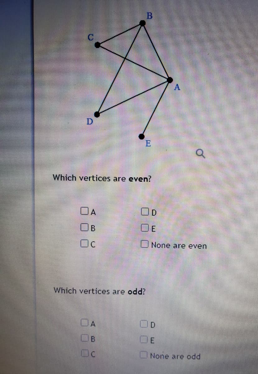 E
Which vertices are even?
OD
OC
U None are even
Which vertices are odd?
OA
D.
OB
E
U None are odd
B.
