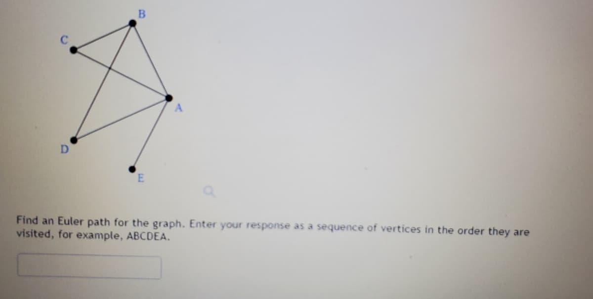 Find an Euler path for the graph. Enter your response as a sequence of vertices in the order they are
visited, for example, ABCDEA.
