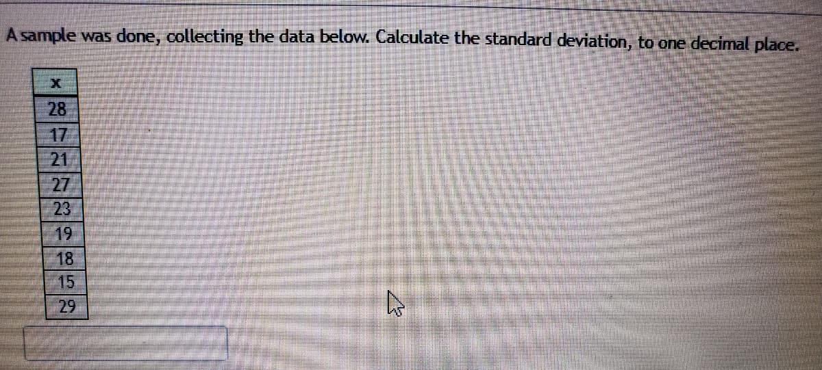 A sample was done, collecting the data below. Calculate the standard deviation, to one decimal place.
28
17
21
27
23
19
18
15
29
