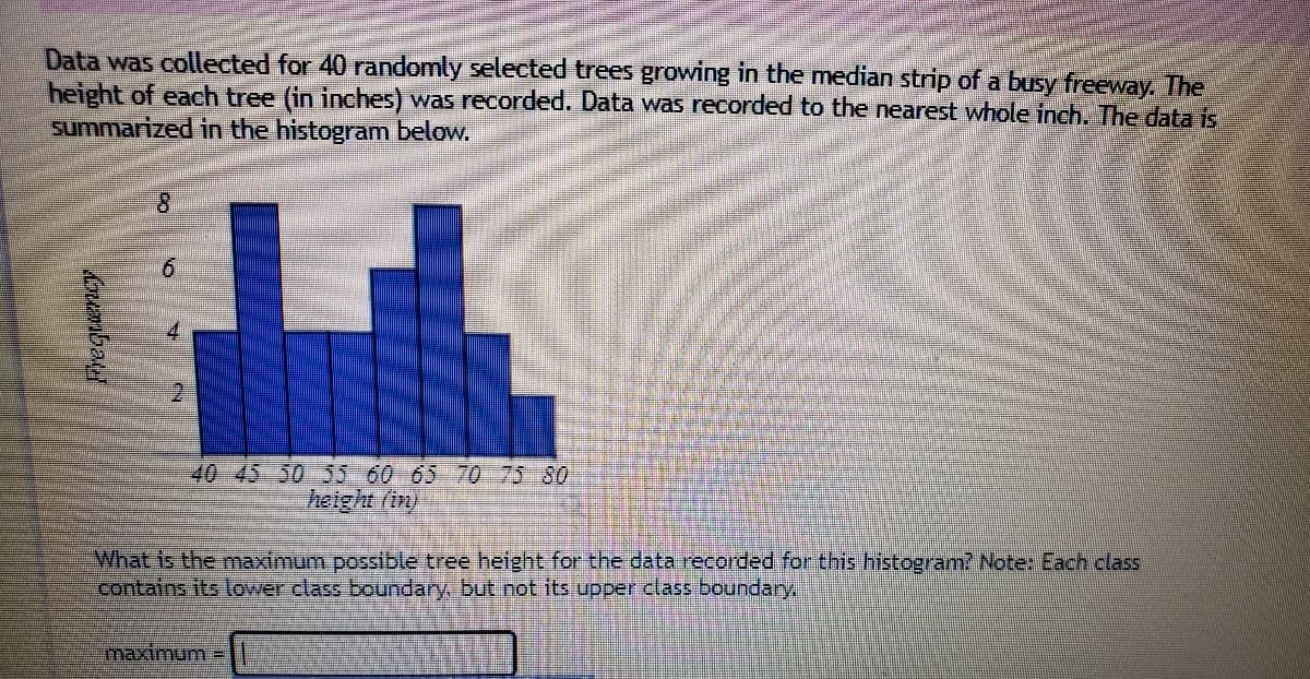 Data was collected for 40 randomly selected trees growing in the median strip of a busy freeway. The
height of each tree (in inches) was recorded. Data was recorded to the nearest whole inch. The data is
summarized in the histogram below.
8.
6.
40 45 50 55 60 65 70 75 80
height fin)
What is the maximum possible tree height for the data recorded for this histogram? Note: Each class
contains its lower class boundary, but not its upper class boundary,
maximum =
