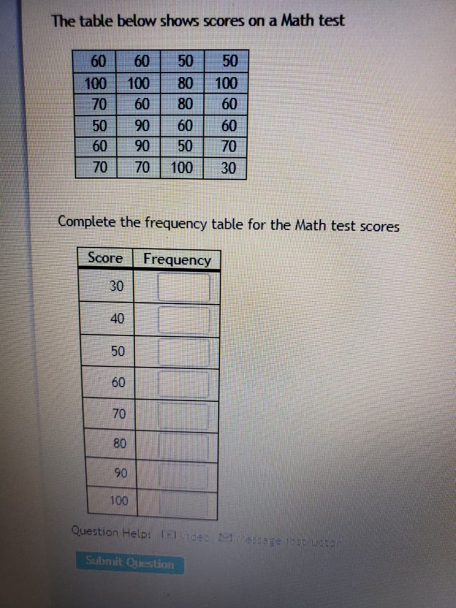 The table below shows scores on a Math test
60
60
50
50
100
100
80
100
60
70
50
60
60
80
90
60
60
90
50
70
70
70
100
30
Complete the frequency table for the Math test scores
Score
Frequency
30
40
50
60
70
80
90
100
Question Help: rlidebiMMaznagenobucton
Submit Question
888828
88288R
