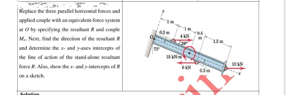 Replace the three parallel horizontal forces and
1 m
applied couple with an equivalent-force system
1m
at O by specifying the resultant R and couple
0.3 m
0.5
4 kN
m
1.5 m
Mo. Next, find the direction of the resultant R
1 200
70°
and determine the x- and y-axes intercepts of
15 kN-m
the line of action of the stand-alone resultant
10 kN
6 kN
force R. Also, show the x- and y-intercepts of R
0.3 m
on a sketch.
Solution
