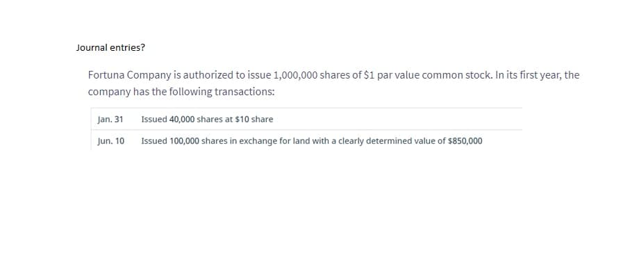 Journal entries?
Fortuna Company is authorized to issue 1,000,000 shares of $1 par value common stock. In its first year, the
company has the following transactions:
Jan. 31
Issued 40,000 shares at $10 share
Jun. 10
Issued 100,000 shares in exchange for land with a clearly determined value of $850,000