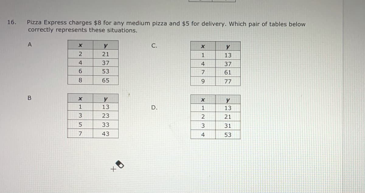 Pizza Express charges $8 for any medium pizza and $5 for delivery. Which pair of tables below
correctly represents these situations.
16.
y
С.
21
13
4
37
4
37
6.
53
7
61
8
65
9
77
В
y
13
D.
1
13
23
2
21
33
3
31
7
43
4
53
1.
