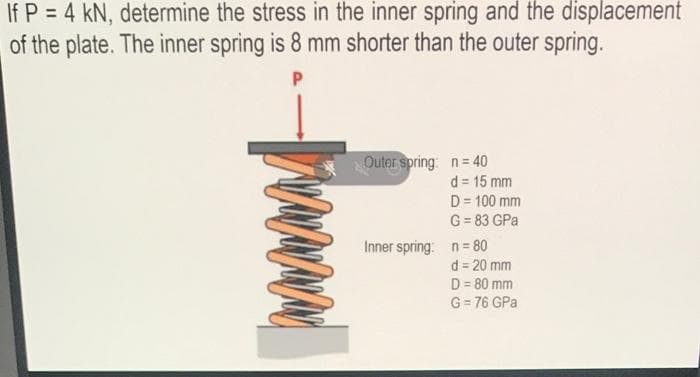 If P = 4 kN, determine the stress in the inner spring and the displacement
of the plate. The inner spring is 8 mm shorter than the outer spring.
%3D
Outer spring: n= 40
d = 15 mm
D = 100 mm
G = 83 GPa
Inner spring: n= 80
d = 20 mm
D = 80 mm
G= 76 GPa
ww
