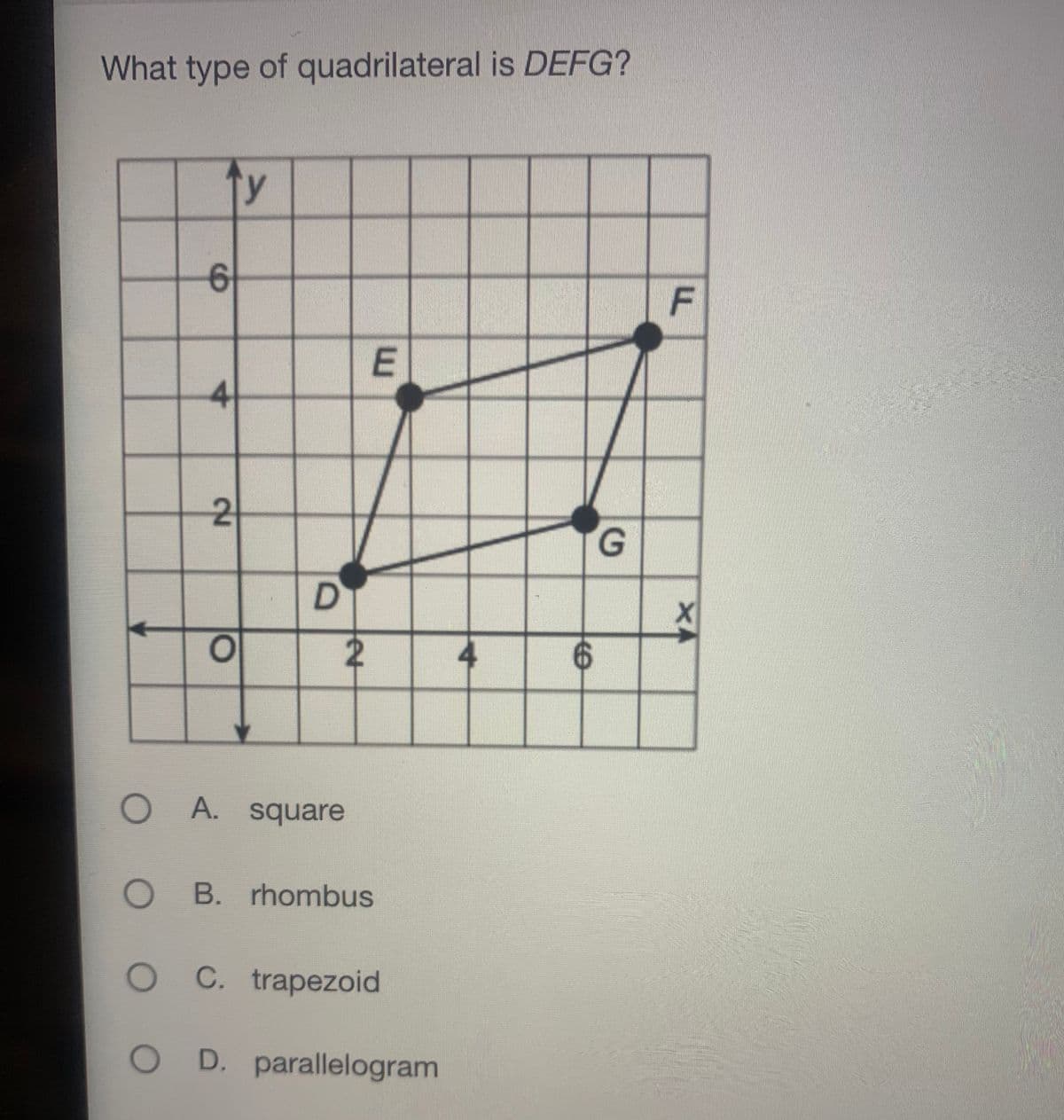 What type of quadrilateral is DEFG?
ty
E
4
O A. square
O B. rhombus
C. trapezoid
OD. parallelogram
F.
D.
2.
