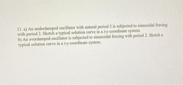 11. a) An underdamped oscillator with natural period 5 is subjected to sinusoidal forcing
with period 2. Sketch a typical solution curve in a t-y coordinate system.
b) An overdamped oscillator is subjected to sinusoidal forcing with period 2. Sketch a
typical solution curve in a t-y coordinate system.
