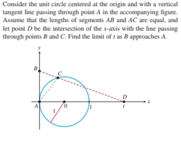 Consider the unit circle centered at the origin and with a vertical
tangent line passing through point A in the accompanying figure.
Assume that the lengths of segments AB and AC are equal, and
let point D be the intersection of the x-axis with the line passing
through points B and C. Find the limit of t as B approaches A.
в,
