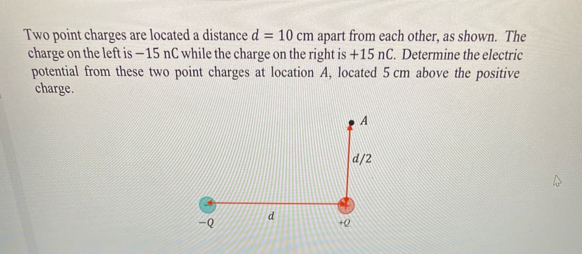 Two point charges are located a distance d
charge on the left is -15 nC while the charge on the right is +15 nC. Determine the electric
potential from these two point charges at location A, located 5 cm above the positive
charge.
10 cm apart from each other, as shown. The
A
z/p
d
+Q
