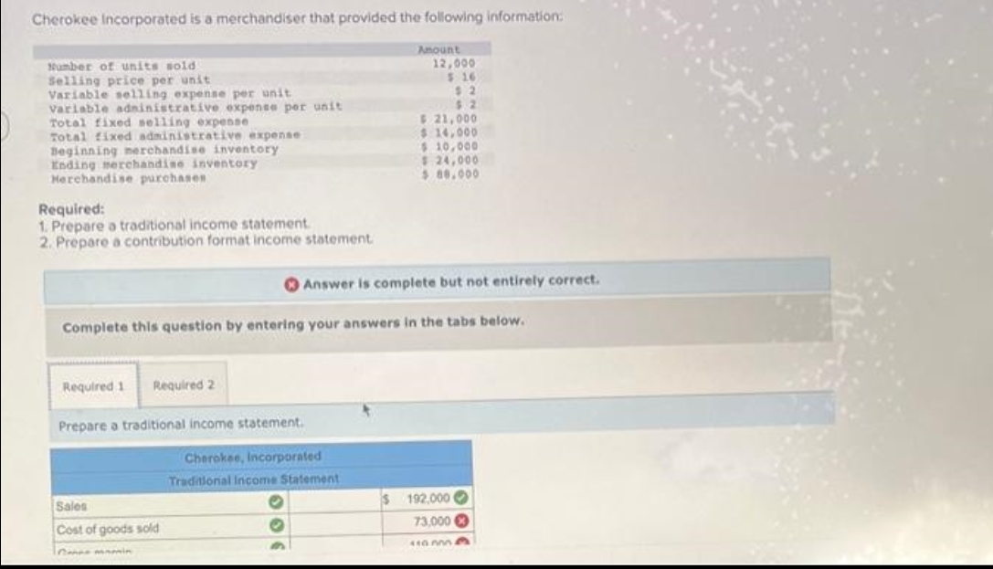 Cherokee Incorporated is a merchandiser that provided the following information:
Number of units sold
Selling price per unit
Variable selling expense per unit
variable administrative expense per unit
Total fixed selling expense
Total fixed administrative expense
Beginning merchandise inventory
Ending merchandise inventory
Herchandise purchases
Required:
1. Prepare a traditional income statement.
2. Prepare a contribution format income statement
Required 1 Required 2
Prepare a traditional income statement.
Cherokee, Incorporated
Traditional Income Statement
Sales
Cost of goods sold
Amount
900
12,000
$ 16
$2
$2
Complete this question by entering your answers in the tabs below.
$ 21,000
$ 14,000
$10,000
$ 24,000
$88.000
Answer is complete but not entirely correct.
192,000
73.000
41908