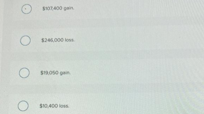 O
O
O
$107,400 gain.
$246,000 loss.
$19,050 gain.
$10,400 loss.