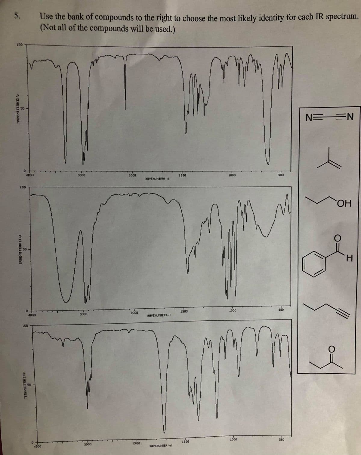 Use the bank of compounds to the right to choose the most likely identity for each IR spectrum.
(Not all of the compounds will be used.)
100
N=EN
4000
3000
2000
1500
1000
SDO
HAVENUHBERI -1l
HO.
1000
500
2000
DOST
4000
3000
HAVENUNS ERI -l
LOD
500
1500
3000
2000
4000
HAVENUMB ERI -l
TRANSMITTANCEI
TRANSHITTANCEIX!
TRANSMITTANCEI*
5.
