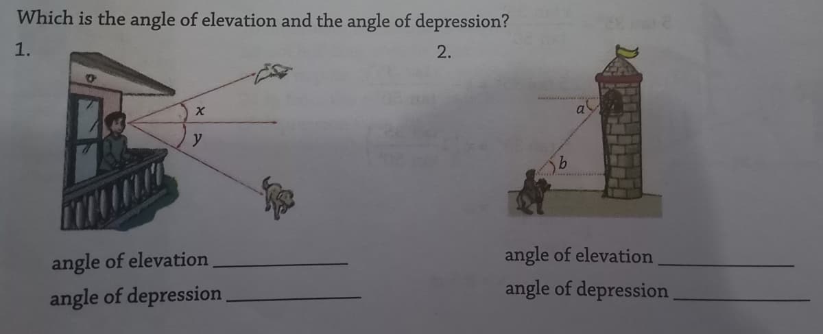 Which is the angle of elevation and the angle of depression?
1.
2.
y
angle of elevation
angle of elevation
angle of depression
angle of depression.
