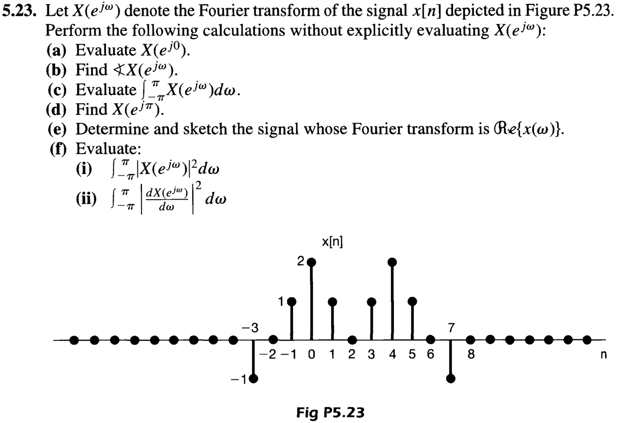 5.23. Let X(ejo) denote the Fourier transform of the signal x[n] depicted in Figure P5.23.
Perform the following calculations without explicitly evaluating X(ej"):
(a) Evaluate X(ejº).
(b) Find XX(ejw).
(c) Evaluate TX (e³®)dw.
(d) Find X(eπ).
(e) Determine and sketch the signal whose Fourier transform is Re{x(w)}.
(f) Evaluate:
TT
(i)
X(e)dw
TT
(ii) [ dX(ejw)
dw
TT dw
-3
x[n]
2
-2-1 0 1 2 3 4 5 6
−1
Fig P5.23
7
8
n
