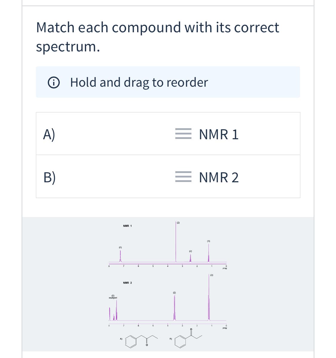 Match each compound with its correct
spectrum.
O Hold and drag to reorder
A)
E NMR 1
B)
E NMR 2
|(2)
NMR 1
(3)
(5)
12)
2
1
PPM
(3)
NMR 2
(2)
(5)
multibiet
PPM
B)
