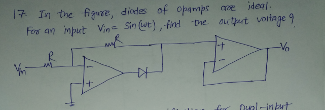 ideal.
17 In the figure, diodes of opamps aoe
For an imput Vin= Sin (wt), find
voitage 9
the output
R.
Vo
but
