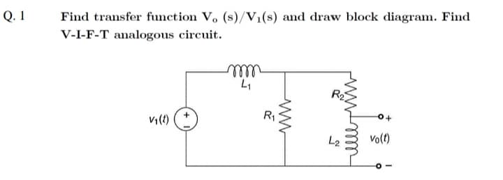 Q. 1
Find transfer function V. (s)/V1(s) and draw block diagram. Find
V-I-F-T analogous circuit.
Vi(t)
L2
Vo(t)
