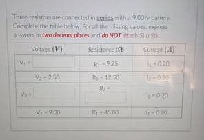 Three resistors are connected in series with a 9.00-V battery.
Complete the table below. For all the missing values, express
answers in two decimal ploces and do NOT attach Si units.
Voltage (V)
Resistance (1
Current (A)
V
RI - 9.25
40.20
V - 250
Ra- 12.50
020
-0.20
Vr 9.00
Ry 45.00
Ir 0.20
