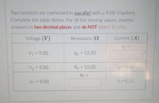 Two resistors are connected in parallel with a 9.00 V battery,
Complete the table below. For all the missing values, express
answers in two decimal places and do NOT attach Sl units
Valtage (V)
Resistance (2
Current (A)
Vi- 9.00
RI 1250
V:-9.00
R- 15.00
Rr
-
V- 9.00
