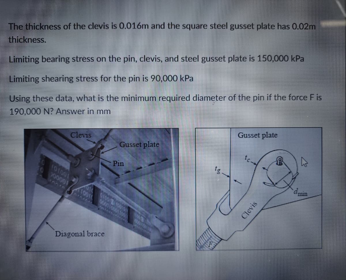 The thickness of the clevis is 0.016m and the square steel gusset plate has 0.02m
thickness.
Limiting bearing stress on the pin, clevis, and steel gusset plate is 150,000 kPa
Limiting shearing stress for the pin is 90,000 kPa
Using these data, what is the minimum required diameter of the pin if the force F is
190,000 N? Answer in mm
Clevis
Gusset plate
Gusset plate
Pin
(10011
100000
10010
tg.
min
00010000
Diagonal brace
Clevis
