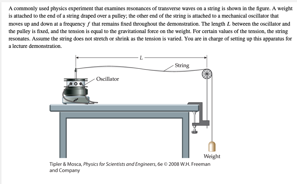 A commonly used physics experiment that examines resonances of transverse waves on a string is shown in the figure. A weight
is attached to the end of a string draped over a pulley; the other end of the string is attached to a mechanical oscillator that
moves up and down at a frequency fƒ that remains fixed throughout the demonstration. The length L between the oscillator and
the pulley is fixed, and the tension is equal to the gravitational force on the weight. For certain values of the tension, the string
resonates. Assume the string does not stretch or shrink as the tension is varied. You are in charge of setting up this apparatus for
a lecture demonstration.
Oscillator
L
String
Weight
Tipler & Mosca, Physics for Scientists and Engineers, 6e © 2008 W.H. Freeman
and Company