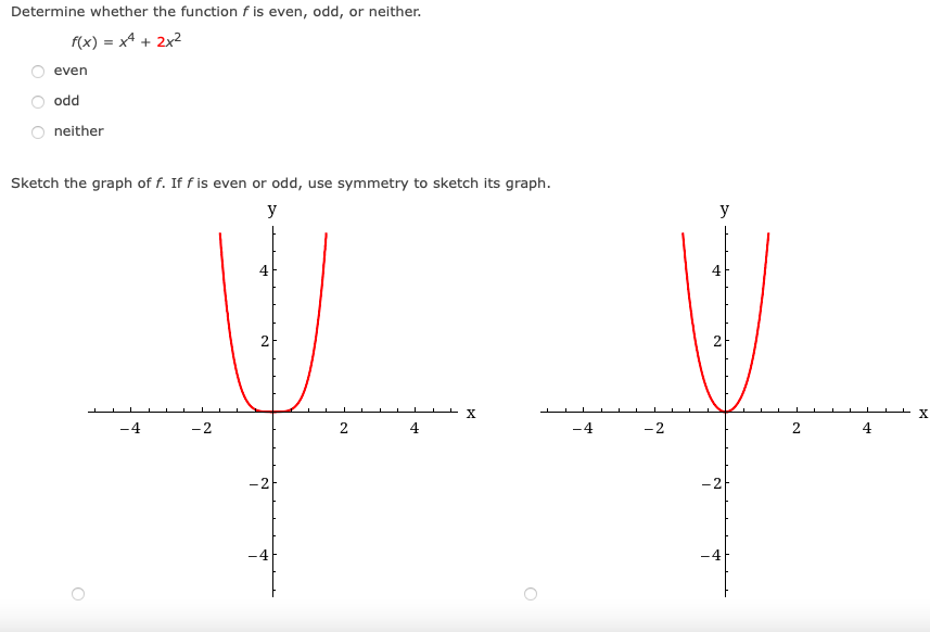 Determine whether the function f is even, odd, or neither.
f(x) = x4 + 2x2
even
odd
neither
Sketch the graph of f. If f is even or odd, use symmetry to sketch its graph.
y
y
4
4
X
X
-4
-2
2
4
-2
4
-2
-4
-4
2.
2.
2.
