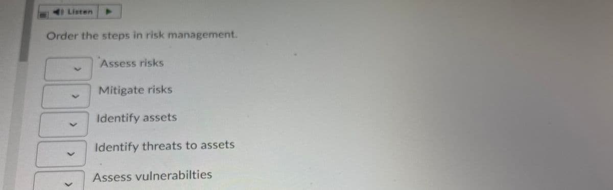 Listen
Order the steps in risk management.
Assess risks
Mitigate risks
Identify assets
Identify threats to assets
Assess vulnerabilties

