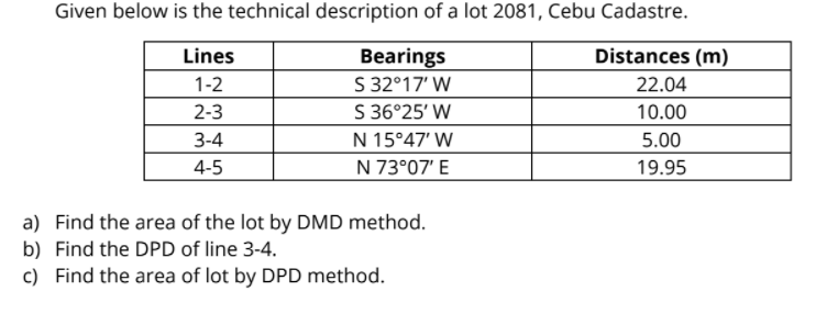 Given below is the technical description of a lot 2081, Cebu Cadastre.
Lines
Distances (m)
Bearings
S 32°17' W
S 36°25' W
1-2
22.04
2-3
10.00
3-4
N 15°47' W
5.00
4-5
N 73°07' E
19.95
a) Find the area of the lot by DMD method.
b) Find the DPD of line 3-4.
c) Find the area of lot by DPD method.
