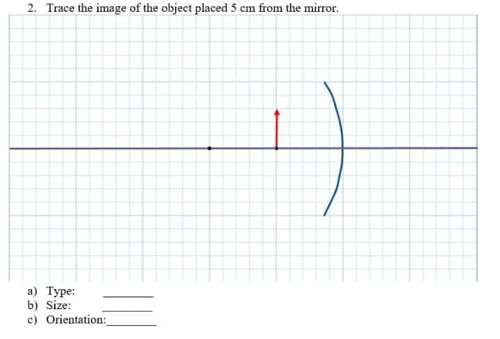 2. Trace the image of the object placed 5 cm from the mirror.
а) Туре:
b) Size:
c) Orientation:
