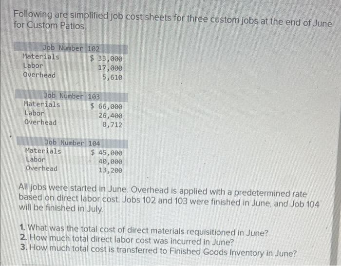 Following are simplified job cost sheets for three custom jobs at the end of June
for Custom Patios.
Job Number 102
Materials
Labor
Overhead
$ 33,000
17,000
5,610
Job Number 103
Materials
Labor
Overhead
$ 66,000
26,400
8,712
Job Number 104
Materials
Labor
Overhead
$ 45,000
40,000
13,200
All jobs were started in June. Overhead is applied with a predetermined rate
based on direct labor cost. Jobs 102 and 103 were finished in June, and Job 104
will be finished in July.
1. What was the total cost of direct materials requisitioned in June?
2. How much total direct labor cost was incurred in June?
3. How much total cost is transferred to Finished Goods Inventory in June?
