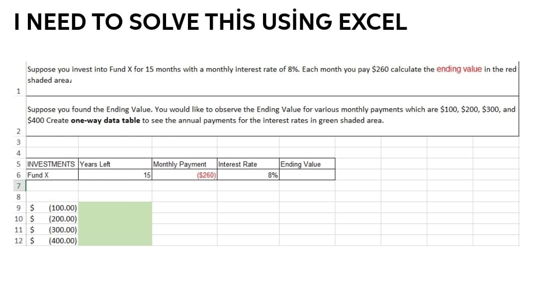 I NEED TO SOLVE THİS USIİNG EXCEL
Suppose you invest into Fund X for 15 months with a monthly interest rate of 8%. Each month you pay $260 calculate the ending value in the red
shaded area.
1
Suppose you found the Ending Value. You would like to observe the Ending Value for various monthly payments which are $100, $200, $300, and
$400 Create one-way data table to see the annual payments for the interest rates in green shaded area.
2
4
5 INVESTMENTS Years Left
6 Fund X
Monthly Payment
($260)
Interest Rate
Ending Value
15
8%
7
8
(100.00)
(200.00)
(300.00)
(400.00)
10 $
11 $
12 $
