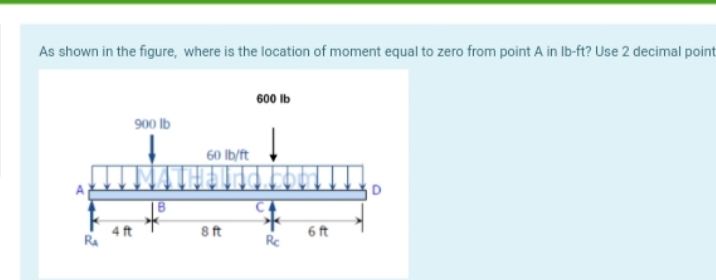 As shown in the figure, where is the location of moment equal to zero from point A in lb-ft? Use 2 decimal point
600 lb
900 lb
D
Ra
4 ft
60 lb/ft
8 ft
Rc
6 ft