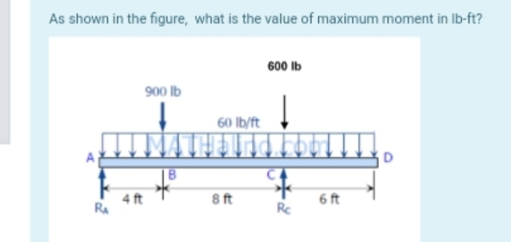 As shown in the figure, what is the value of maximum moment in lb-ft?
600 lb
900 lb
D
B
RA
4 ft
60 lb/ft
8 ft
Rc
6 ft